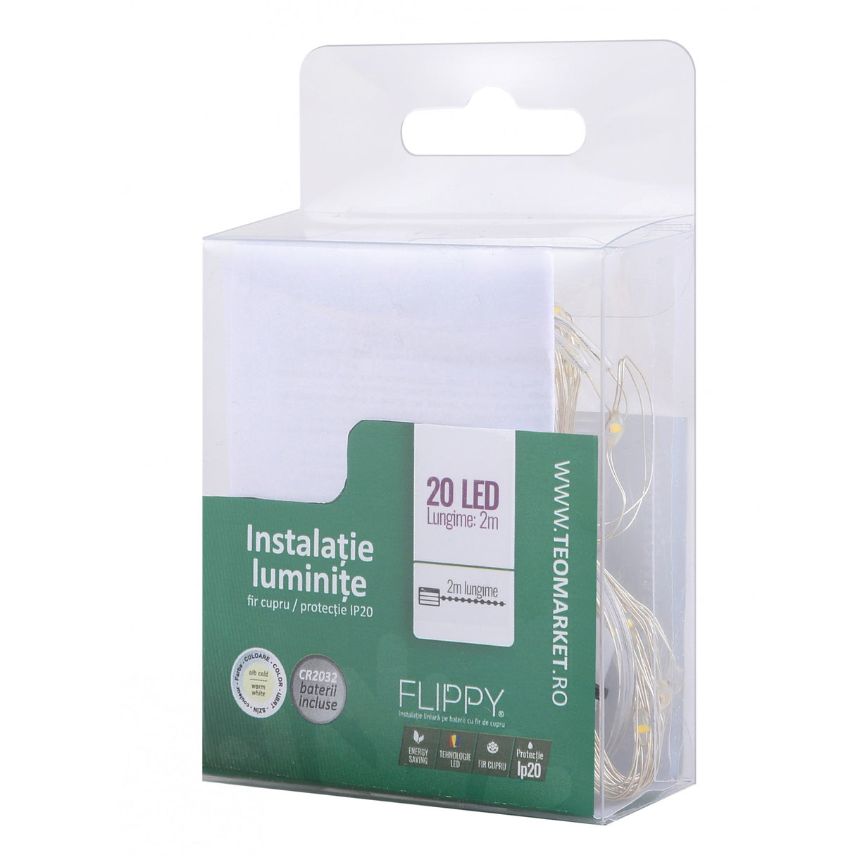 Karácsonyi installáció, Lineáris, 2 M, Elemek, 20 LED, Rézdrót, Beltéri/Kültéri