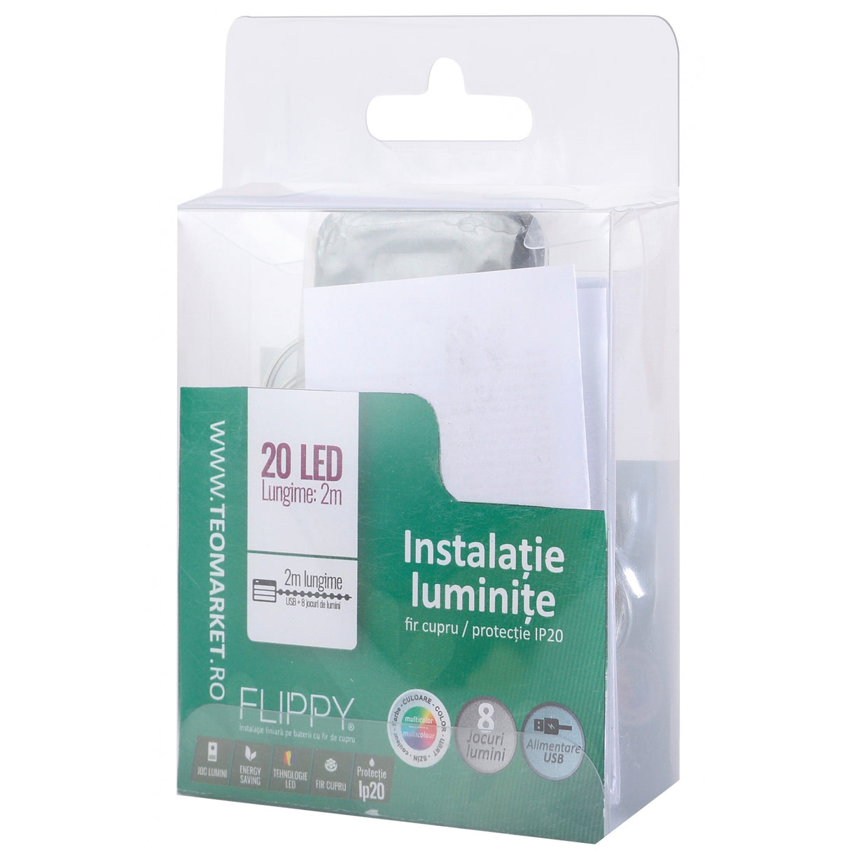 Karácsonyi installáció, 2 méter, 20 LED, 8 funkciós távirányító, USB, rézhuzal, lineáris, beltéri/kültéri