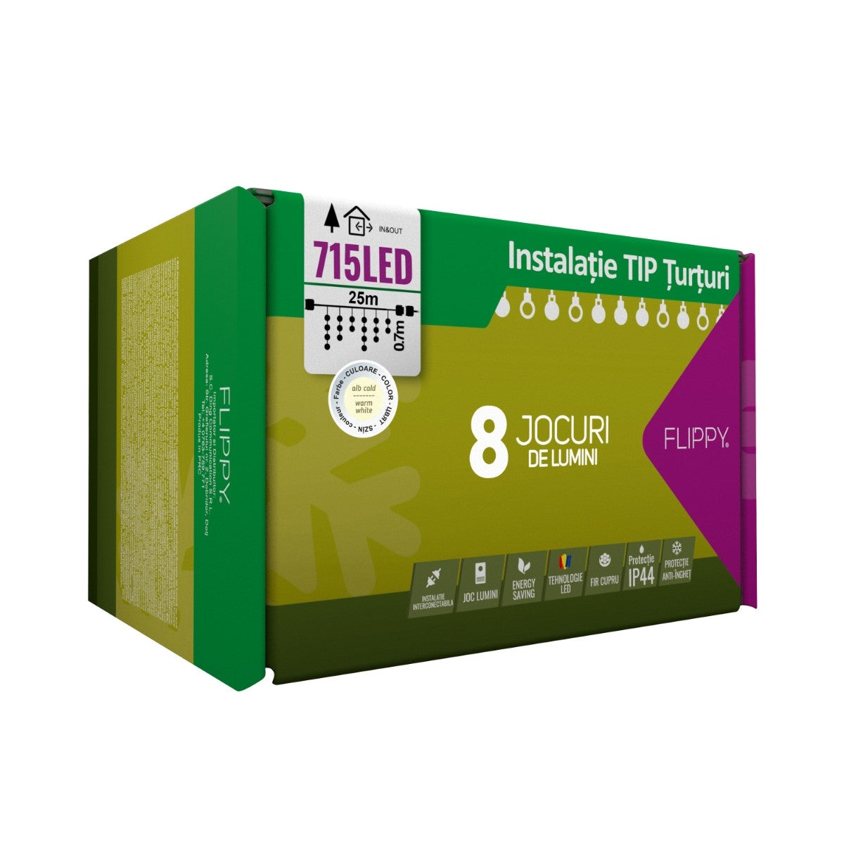 Instalatie Craciun Tip Turturi, IP44, 25 m, 715 Led-uri, Alb cald, 8 jocuri de lumini, 31 V, Interconectabila, Prelungitor 5 m inclus, Fir Cupru, Vivimall, Interior/Exterior - vivimall.ro