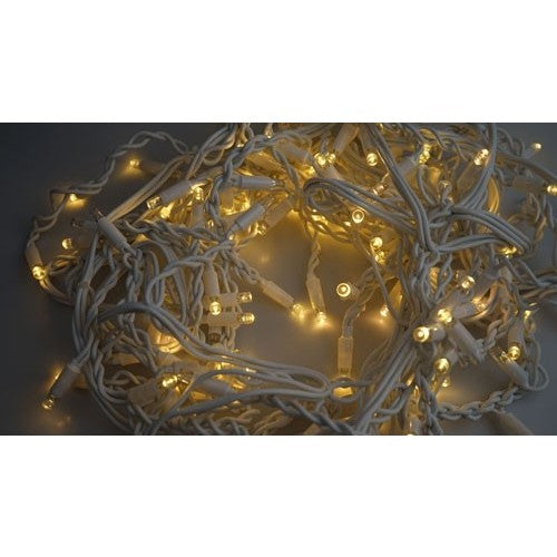 Karácsonyi installáció, 25 M, LED-ek, rojtos, vaku, tápegység, összekapcsolható, fehér gumírozott vezeték, 220V
