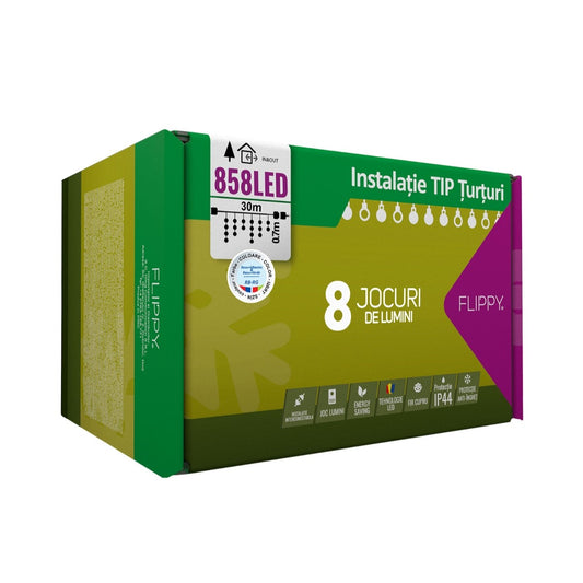 Instalatie Craciun, 30 m, 858 Led-uri ,Franjuri, Rosu / Verde/ Albastru, Flash, Transformator cu telecomanda, Interconectabila, Prelungitor 3 m inclus, Fir Alb, Vivimall - vivimall.ro