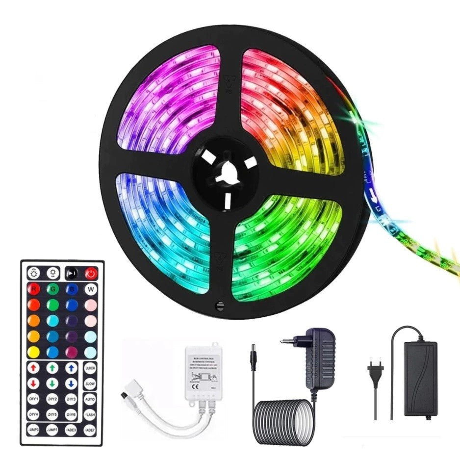 Kit Bandă LED RGB SMD 5050, Cu Transformator Inclus, Lungime 5 m, 270 LED-uri, Telecomandă 44 Taste, Pentru TV, PC, Auto, IP65, Lumină Ambientală - vivimall.ro