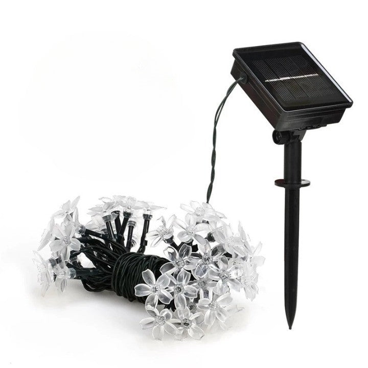 Instalatie Craciun, 5 metri, 20 Becuri LED tip Flori de cires, pentru exterior cu incarcare solara, Alb rece, Vivimall - vivimall.ro