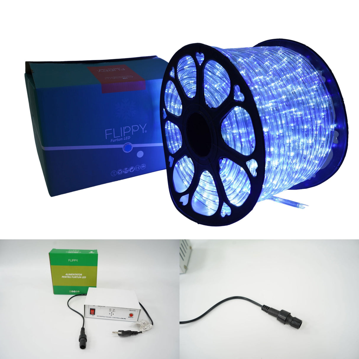 Instalatie Craciun, 82 m, 1968 Led-uri, Furtun Luminos, Alb rece/ Albastru, Transformator, 8 jocuri de lumini, Sectionabila, 220 V, Vivimall - vivimall.ro