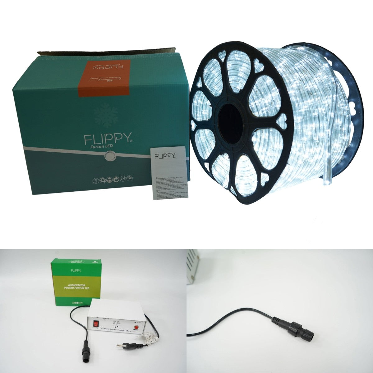 Karácsonyi installáció, 92 M, 2208 LED, Fénytömlő, Hideg, Transzformátor, 8 Fényeffektus, Szekcionált, 220 V