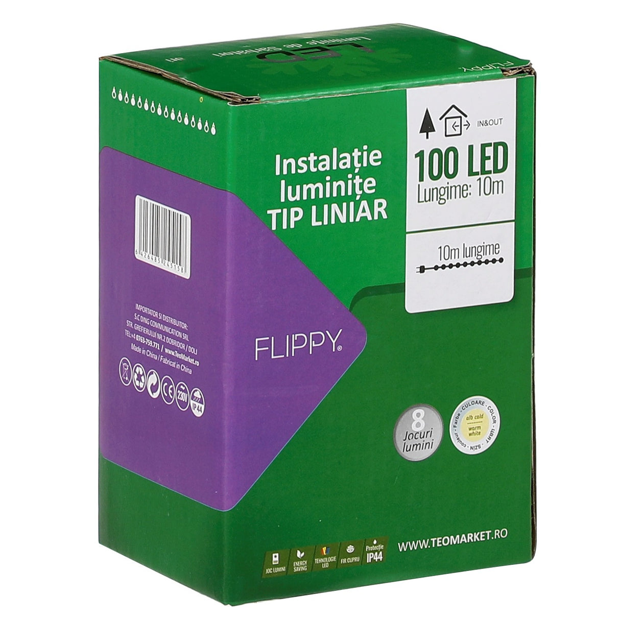 Instalatie Craciun liniara, cu transformator 31V, 10m, alb cald, 100 LED-uri V5, 8 jocuri de lumini, Fir verde, Vivimall - vivimall.ro