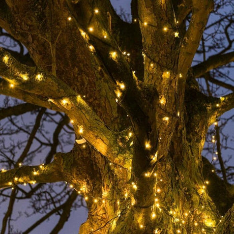 Instalatie Craciun liniara, cu transformator 31V, 10m, alb cald, 100 LED-uri V5, 8 jocuri de lumini, Fir verde, Vivimall - vivimall.ro