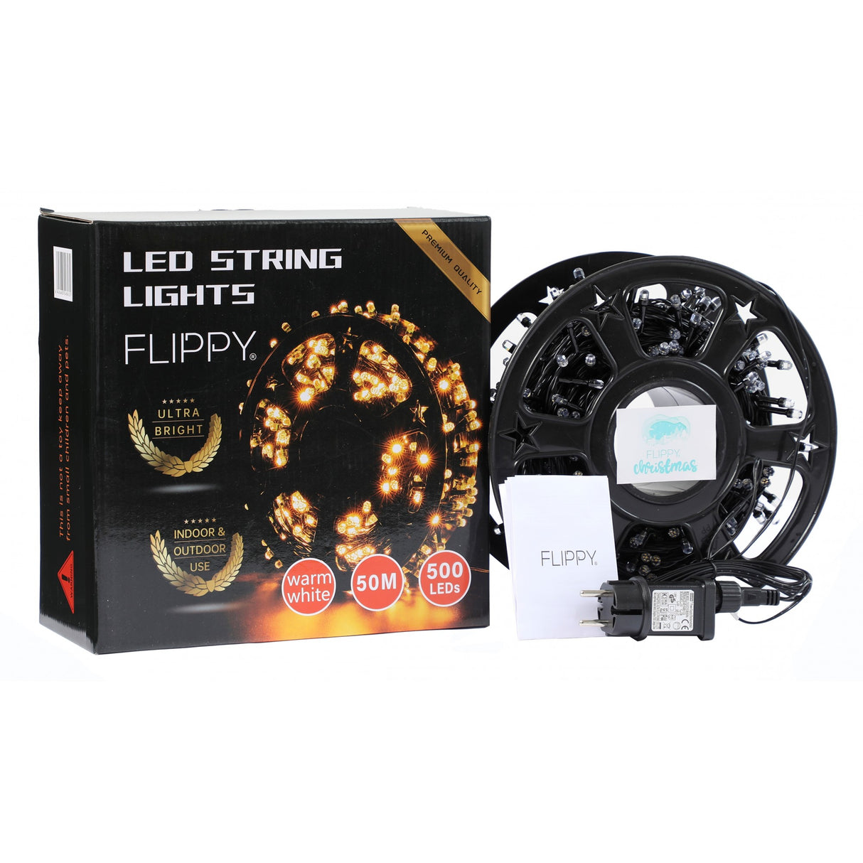 Instalatie Craciun liniara cu transformator, 50m, alb cald, 500 LED-uri, fir negru, 8 jocuri de lumini, Vivimall - vivimall.ro