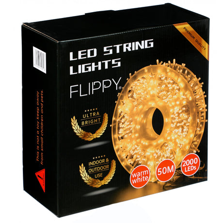 Lineáris Karácsonyi Installáció, Drót, Transzformátorral, 50M, Meleg Fehér, 2000 LED, 8 Fényeffektus