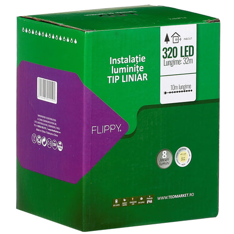 Lineáris Karácsonyi Installáció, 31 V-os Transzformátorral, 32 M, Hideg Fehér, 320 V5 LED, 8 Fényeffektus, Drót