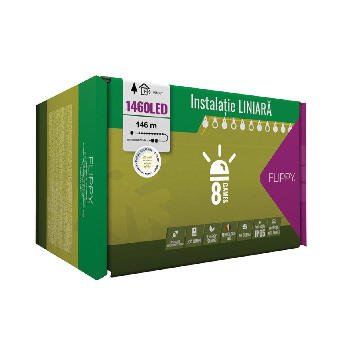 Instalatie Craciun Profesionala de Exterior IP65, 146 m, 1460 Led-uri Mari ,Liniara, Alb cald, Interconectabila, Prelungitor 6.5 m inclus, Fir Negru, Vivimall - vivimall.ro