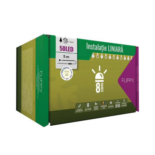 Instalatie Craciun Profesionala de Exterior IP65, 5 m, 50 Led-uri Mari ,Liniara, Alb cald, Interconectabila, Prelungitor 6.5 m inclus, Fir Negru, Vivimall - vivimall.ro