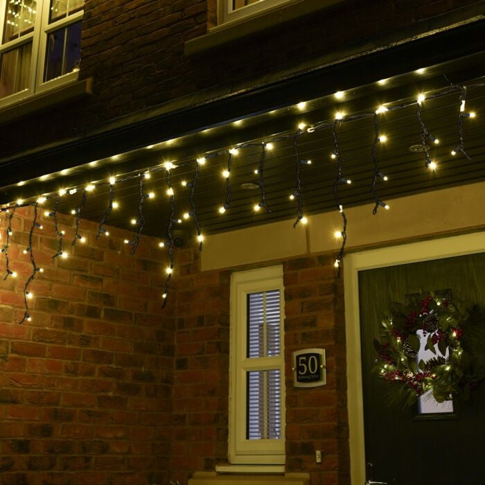 Instalatie Craciun Profesionala de Exterior IP65, 55 m, 1320 Led-uri Mari ,Franjuri, Alb cald, Flash, Alimentator de 1.5m, Interconectabila, Fir Negru Cauciucat, 220v, Vivimall - vivimall.ro