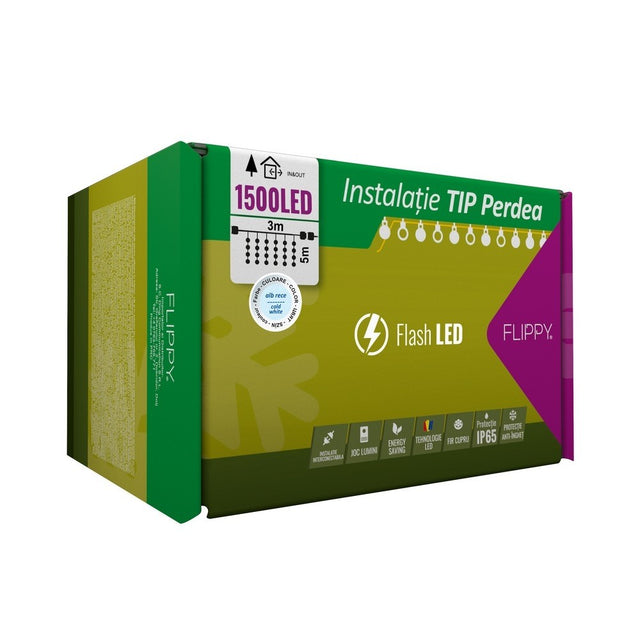 Instalatie Craciun Profesionala de Exterior IP65, Tip Perdea, 3m x 5m, 1500 Led-uri Mari, Alb rece, cu flash, Alimentator 1,5 m, Interconectabila, Fir negru, Vivimall - vivimall.ro