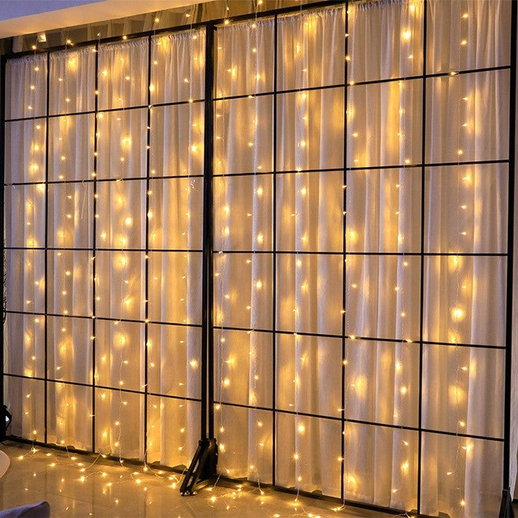Karácsonyi installáció, függöny típusú, 60 LED, meleg fehér, IP44, 31V, távirányító, 8 fényeffektus, összekapcsolható, 5 m hosszabbító kábel mellékelve, vezeték, beltéri/kültéri