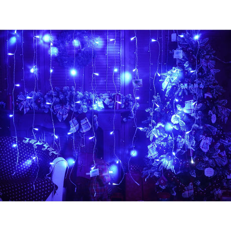Instalatie Craciun, Tip Perdea, IP44, 13 m x 1 m, 780 LED-uri, Albastru, cu flash, Transformator cu telecomanda, Interconectabila, Prelungitor 5 m inclus, Fir transparent, Interior/ Exterior, Vivimall - vivimall.ro