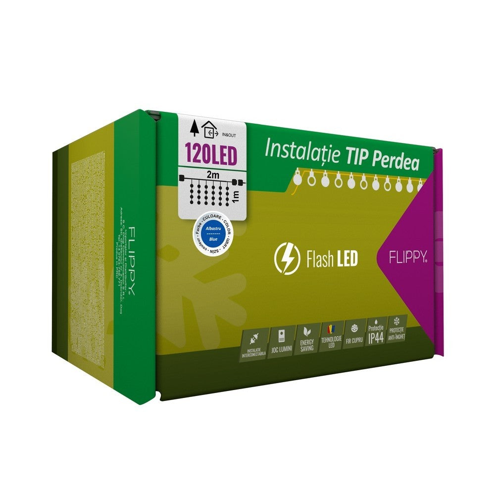 Instalatie Craciun, Tip Perdea, Ip44, 120 Led-Uri, Albastru, Cu Flash, Transformator, Interconectabila, Prelungitor 3 M Inclus, Fir, Interior/ Exterior