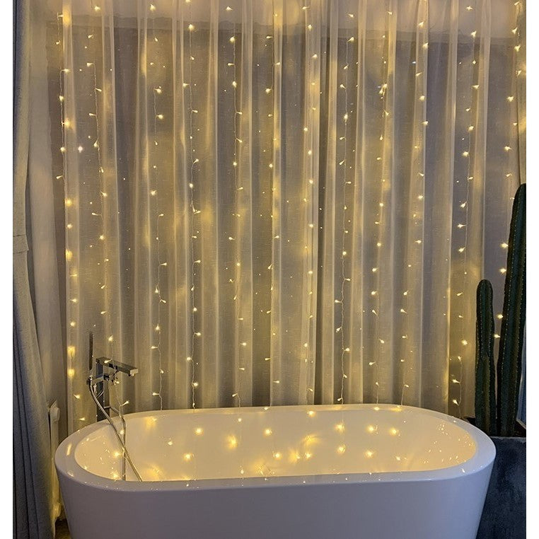 Instalatie Craciun, Tip Perdea, IP44, 2 m x 2 m, 240 LED-uri, Alb cald, 8 jocuri de lumini, Transformator, Interconectabila, Prelungitor 3 m inclus, Fir transparent, Interior/ Exterior, Vivimall - vivimall.ro