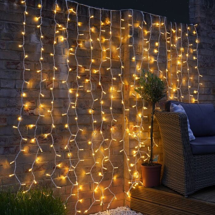 Karácsonyi installáció, függönytípus, IP44, 240 LED, meleg fehér, 8 fényhatással, 31 V, 9 W, összekapcsolható, 3 m hosszabbító kábellel, vezetékkel, beltéri/kültéri