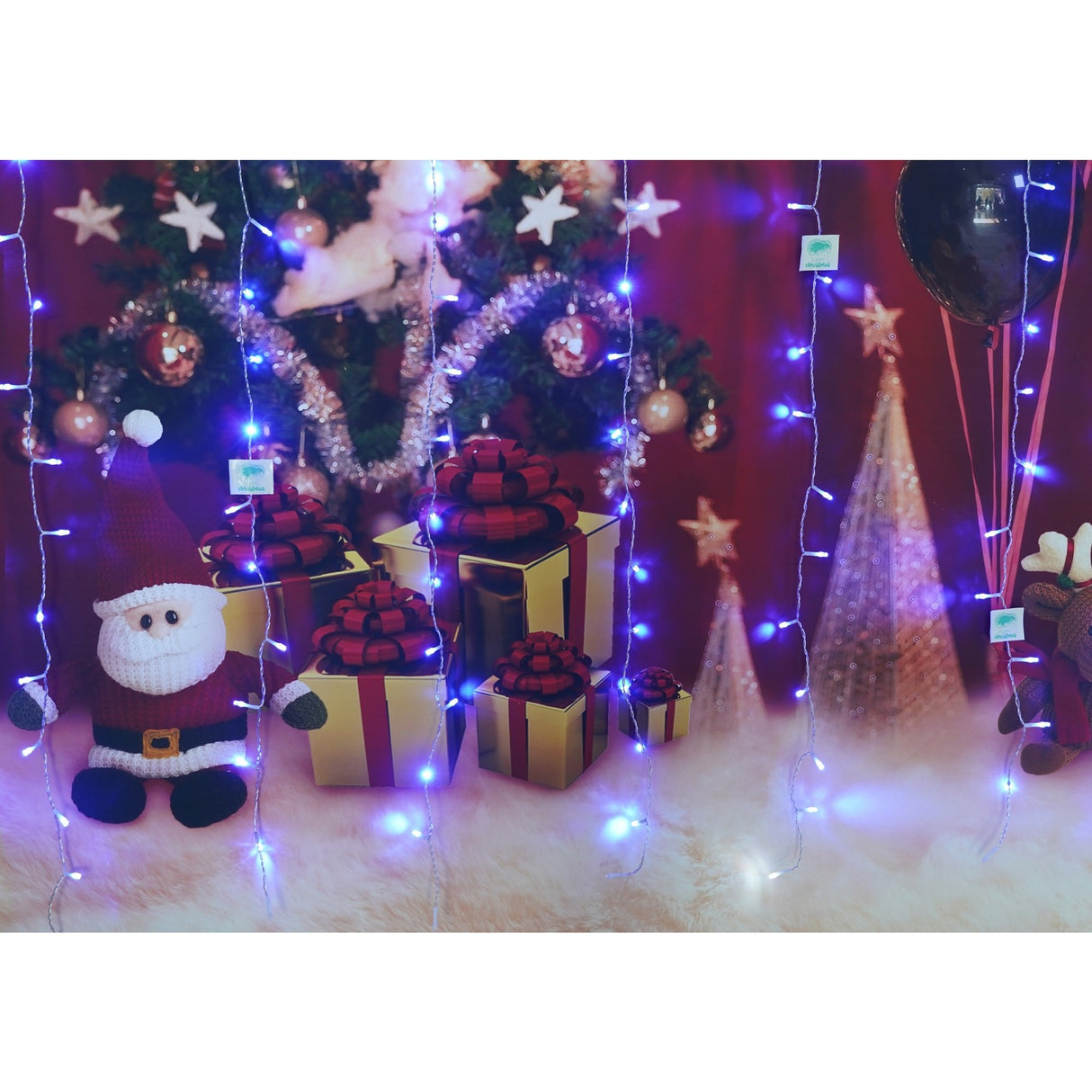 Instalatie Craciun, Tip Perdea, IP44, 6 m x 1 m, 360 LED-uri, Albastru, 8 jocuri de lumini, Transformator, Interconectabila, Prelungitor 5 m inclus, Fir transparent, Interior/ Exterior, Vivimall - vivimall.ro