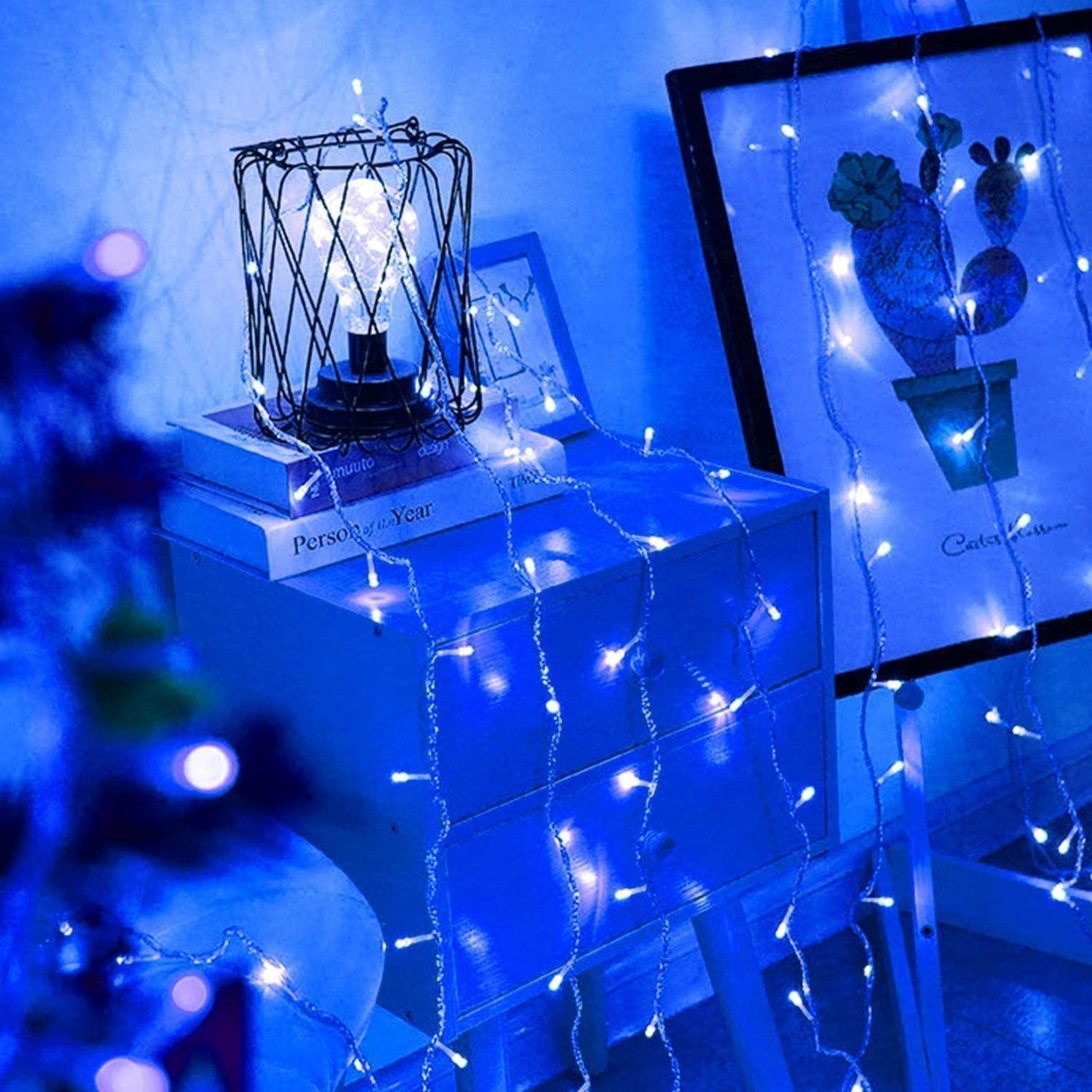 Karácsonyi installáció, függöny típus, IP44, 480 LED, kék, vakuval, transzformátor távirányítóval, összekapcsolható, 3 m hosszabbító kábel mellékelve, vezeték, beltéri/kültéri