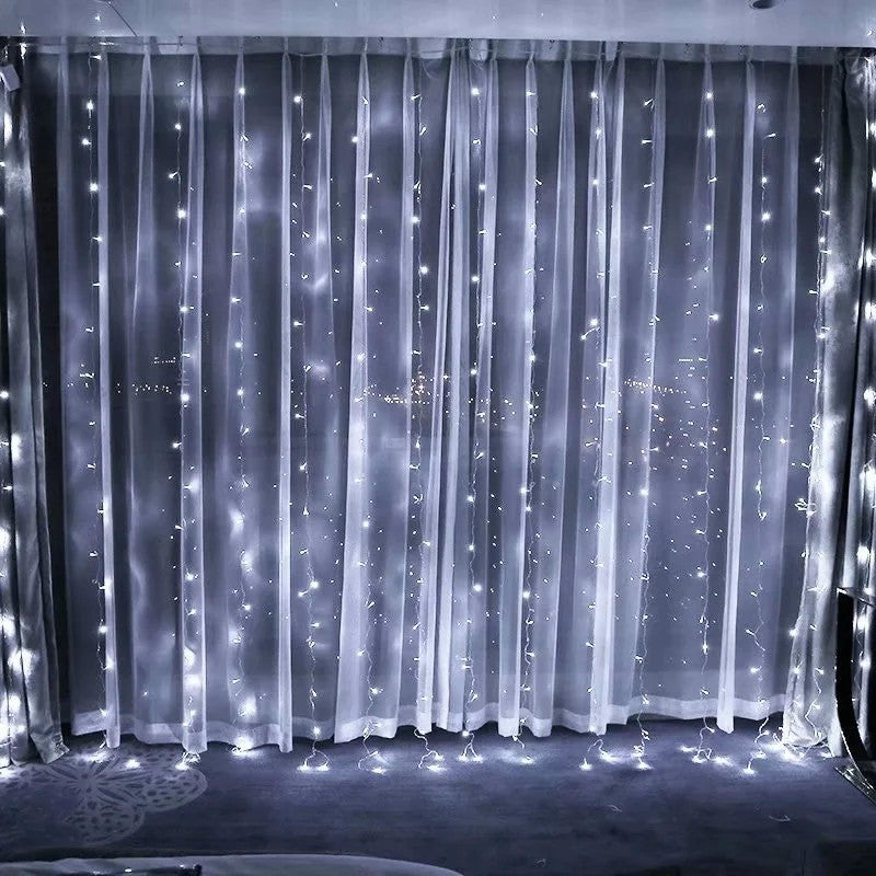 Karácsonyi installáció, függönytípus, IP44, 720 LED, hideg fehér, 8 fényhatással, 31 V, 9 W, összekapcsolható, 3 m hosszabbító kábellel, vezetékkel, beltéri/kültéri