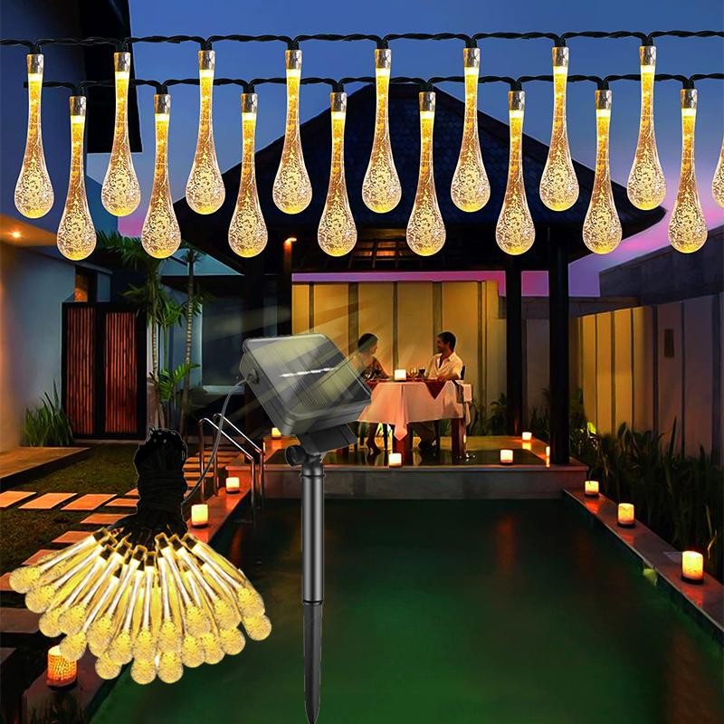 Karácsonyi installáció, vízcsepp alakú, 20 LED, 5 méter, napenergia, fényérzékelő