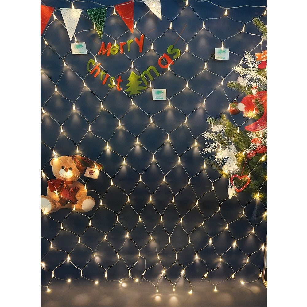 Instalatie Craciun, Tip Plasa, 1.5 mx 1.5 m, 120 LED-uri, Alb cald, 8 jocuri de lumini, Transformator cu telecomanda, Interconectabila, Prelungitor 5 m inclus, Fir transparent, Vivimall - vivimall.ro