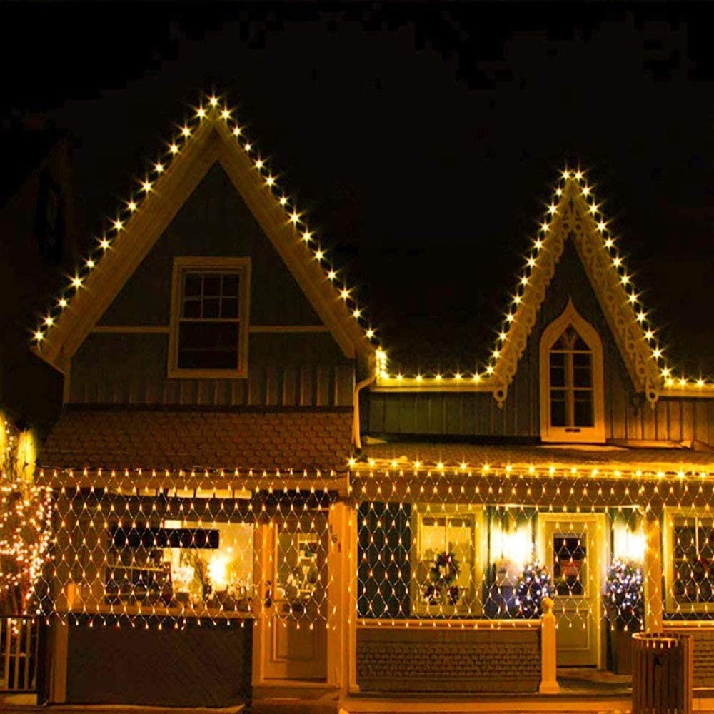 Instalatie Craciun, Tip Plasa, 4.5 m x 1.5 m, 360 LED-uri, Alb cald, 8 jocuri de lumini, Transformator, Interconectabila, Prelungitor 3 m inclus, Fir transparent, Vivimall - vivimall.ro