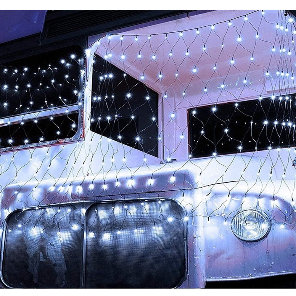 Instalatie Craciun, Tip Plasa, 7.5 m x 1.5 m, 600 LED-uri, Alb rece, 8 jocuri de lumini, Transformator, Interconectabila, Prelungitor 3 m inclus, Fir transparent, Vivimall - vivimall.ro