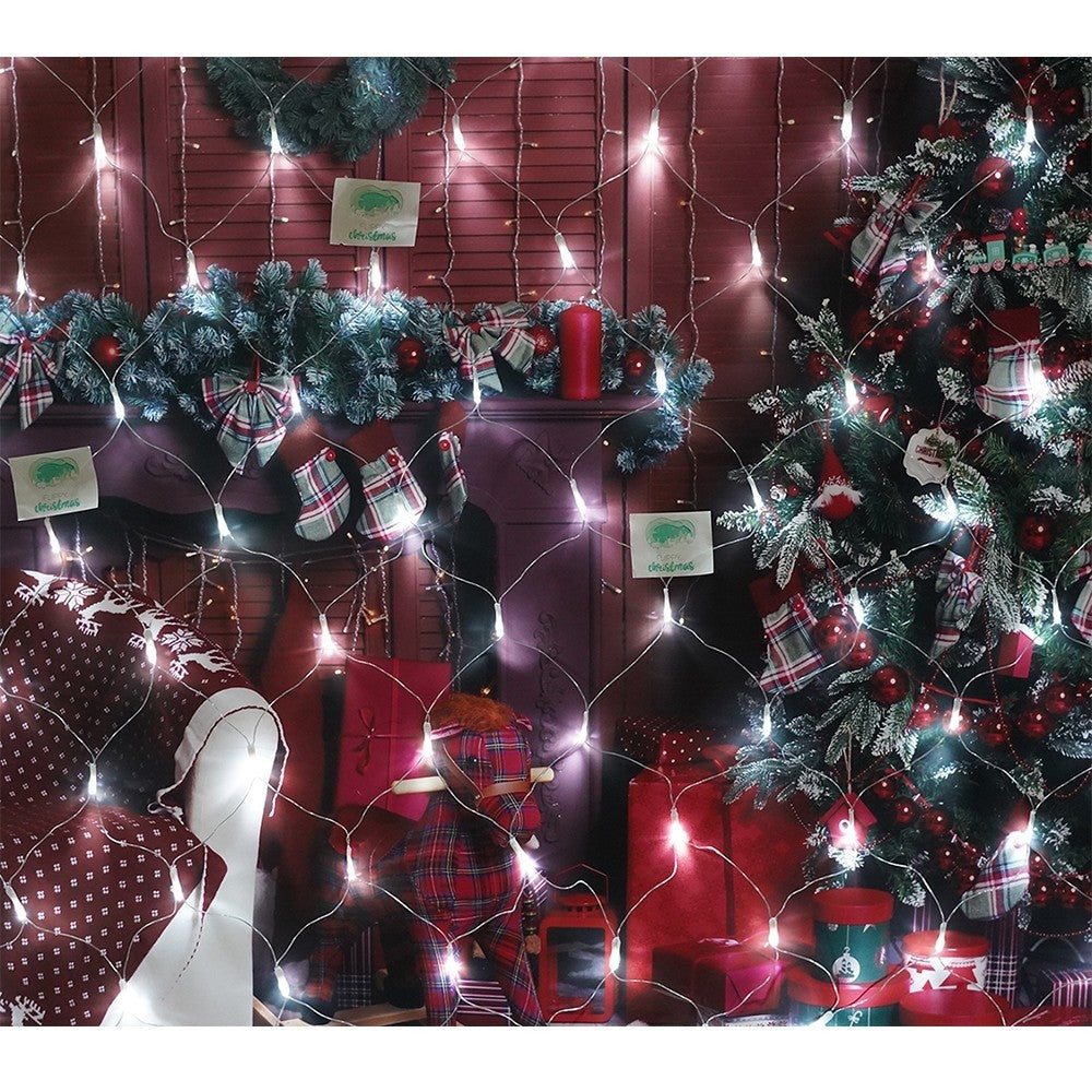 Instalatie Craciun, Tip Plasa, 7.5 m x 1.5 m, 600 LED-uri, Alb rece, 8 jocuri de lumini, Transformator, Interconectabila, Prelungitor 3 m inclus, Fir transparent, Vivimall - vivimall.ro