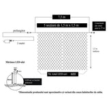 Detaliu LED-uri multicolor RGB aprinse pe plasa luminoasă Crăciun 7,5x1,5 m, 8 jocuri lumini