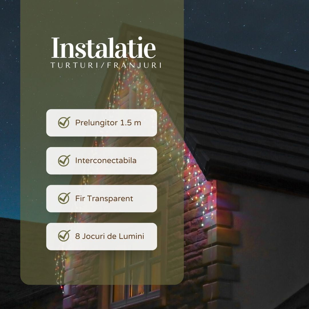 Instalație LED franjuri Yoto multicolor aprinsă, detaliu jocuri de lumini active în 8 moduri