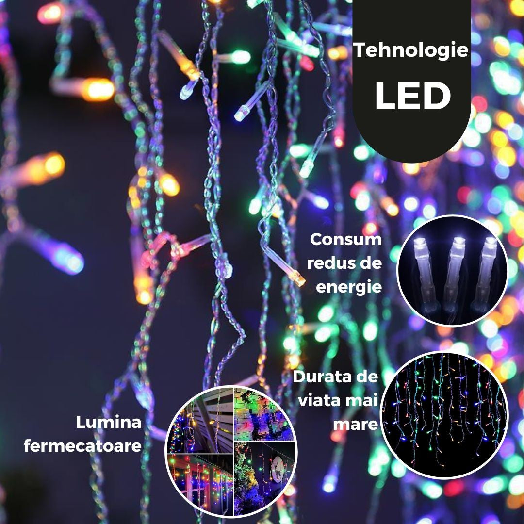 Detaliu fir transparent instalație Yoto franjuri cu LED-uri multicolor aprinse, vedere de aproape