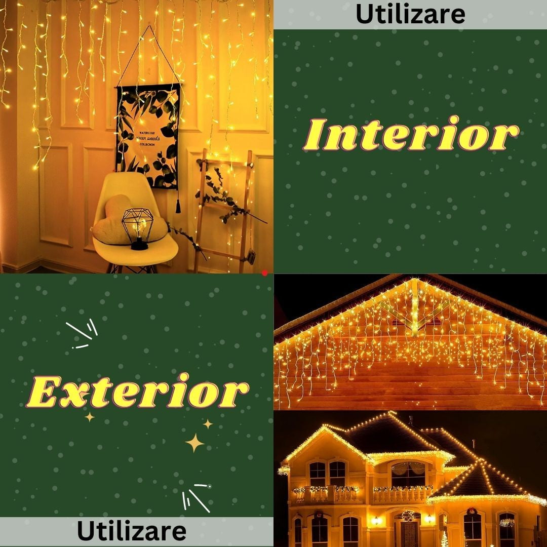 Instalatie Craciun Yoto, Tip Franjuri/Turturi, 12 m, 300 LED-uri, Prelungitor 1.5 m, 8 Jocuri de Lumini, Interconectabila, Conectare la Retea, Fir transparent, Interior/Exterior, Alb Cald - vivimall.ro