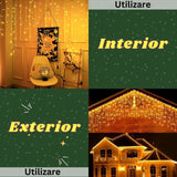 Instalatie Craciun Yoto, Tip Franjuri/Turturi, 12 m, 300 LED-uri, Prelungitor 1.5 m, 8 Jocuri de Lumini, Interconectabila, Conectare la Retea, Fir transparent, Interior/Exterior, Alb Cald - vivimall.ro