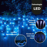 Instalatie Craciun Yoto, Tip Franjuri/Turturi, 12 m, 300 LED-uri, Prelungitor 1.5 m, 8 Jocuri de Lumini, Interconectabila, Conectare la Retea, Fir transparent, Interior/Exterior, Albastru - vivimall.ro