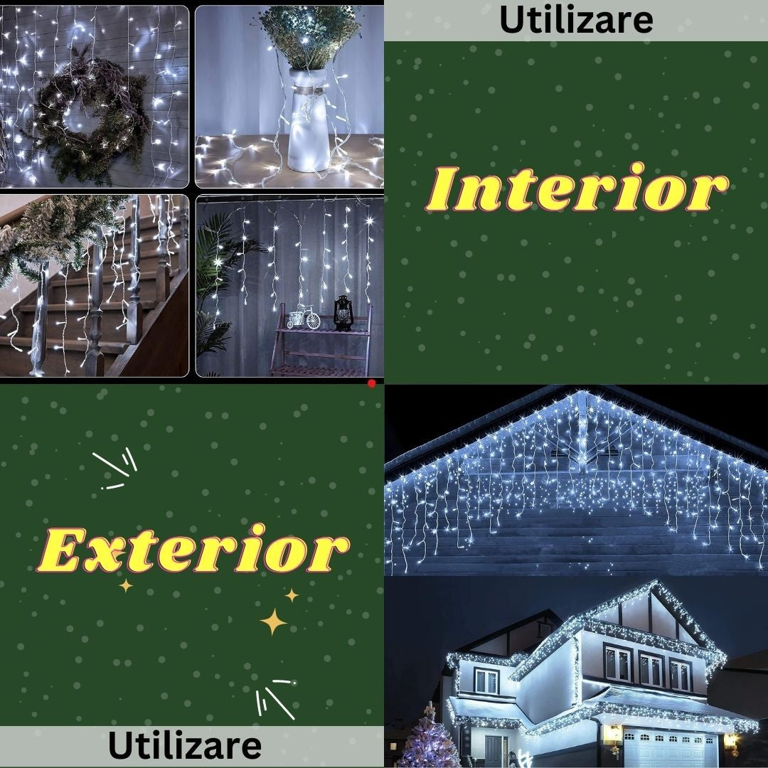 Instalatie Craciun Yoto, Tip Franjuri/Turturi, 4 m, 120 LED-uri, Prelungitor 1.5 m, 8 Jocuri de Lumini, Interconectabila, Conectare la Retea, Fir transparent, Interior/Exterior, Alb Rece - vivimall.ro