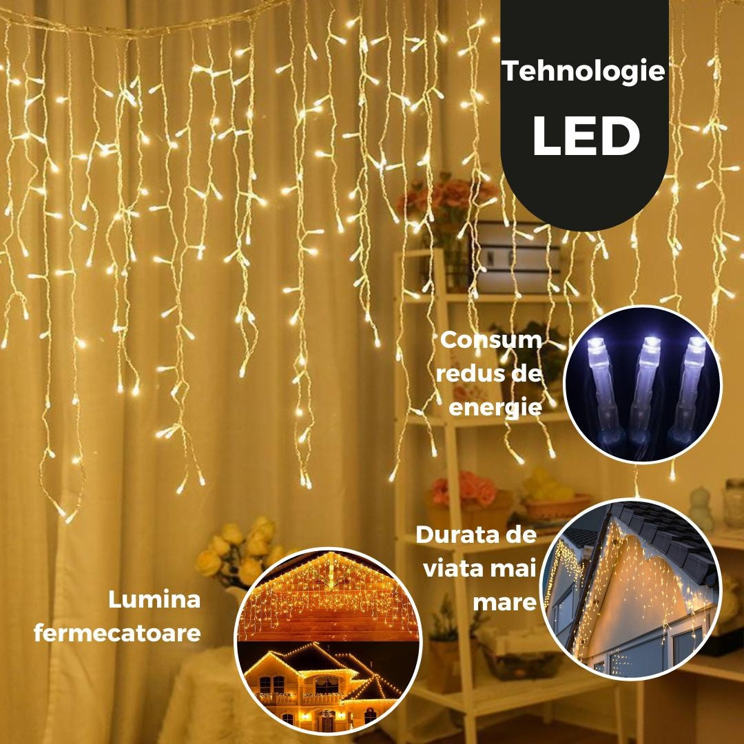 Instalatie Craciun Yoto, Tip Franjuri/Turturi, 4 m, 120 LED-uri, Prelungitor 1.5 m, 8 Jocuri de Lumini, Interconectabila, Conectare la Retea, Fir transparent, Interior/Exterior, Alb Cald - vivimall.ro