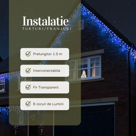 Instalatie Craciun Yoto, Tip Franjuri/Turturi, 4 m, 120 LED-uri, Prelungitor 1.5 m, 8 Jocuri de Lumini, Interconectabila, Conectare la Retea, Fir transparent, Interior/Exterior, Albastru - vivimall.ro