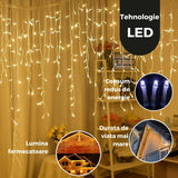 Instalatie Craciun Yoto, Tip Franjuri/Turturi, 7 m, 200 LED-uri, Prelungitor 1.5 m, 8 Jocuri de Lumini, Interconectabila, Conectare la Retea, Fir transparent, Interior/Exterior, Alb Cald - vivimall.ro