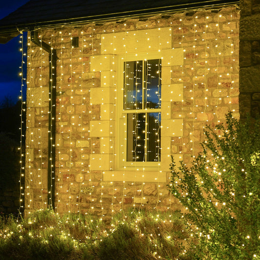 Instalatie Craciun Yoto, Tip Perdea, 2 m x 1 m, 120 LED-uri, Prelungitor 1.5 m, 8 Jocuri de Lumini, Interconectabila, Fir transparent, Interior/Exterior, Alb Cald - vivimall.ro