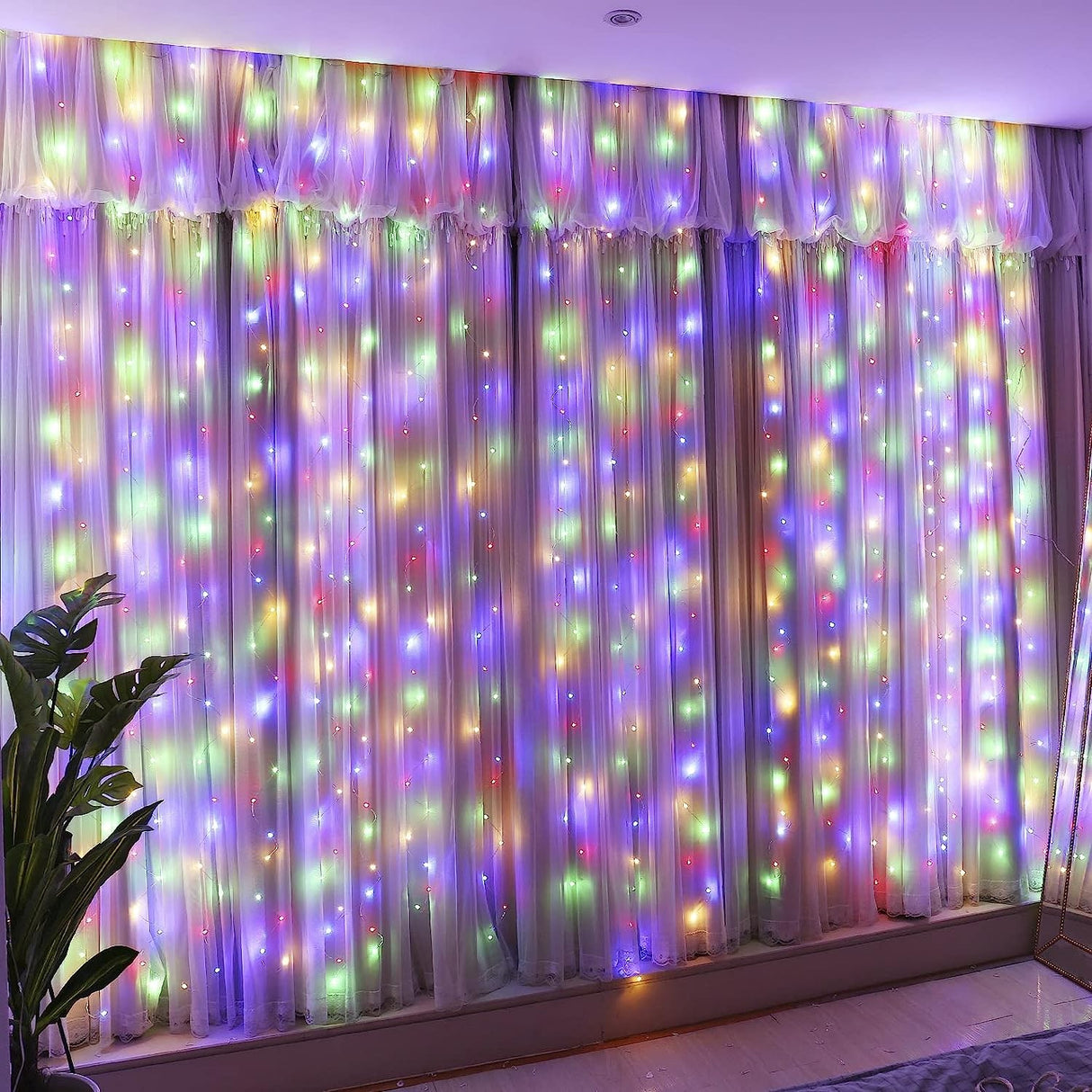Yoto karácsonyi installáció, függöny típusú, 240 LED, 1,5 m-es hosszabbító kábel, 8 fényeffektus, összekapcsolható, vezeték, beltéri/kültéri, többszínű