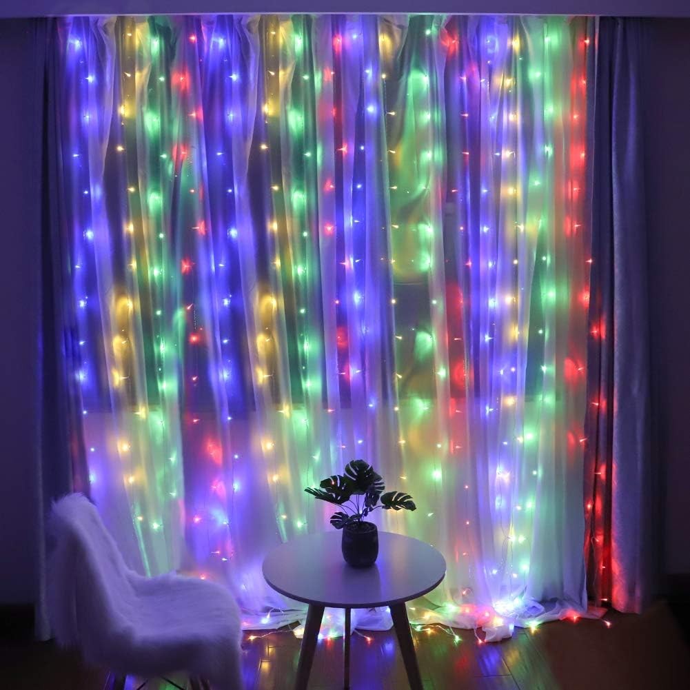 Detaliu LED-uri multicolor instalație perdea Yoto pe fir transparent de cupru, 8 jocuri lumini
