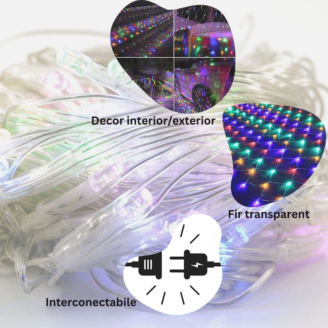 Instalație plasă LED Yoto 80 LED-uri, fir transparent, utilizare exterior pe gard