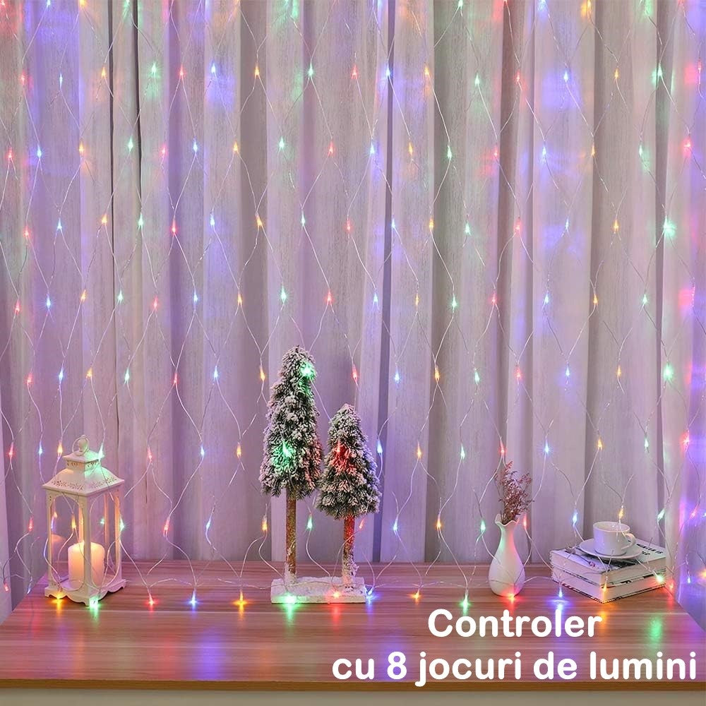 Detaliu plasă LED Yoto multicolor cu fir transparent și distribuție uniformă a luminii