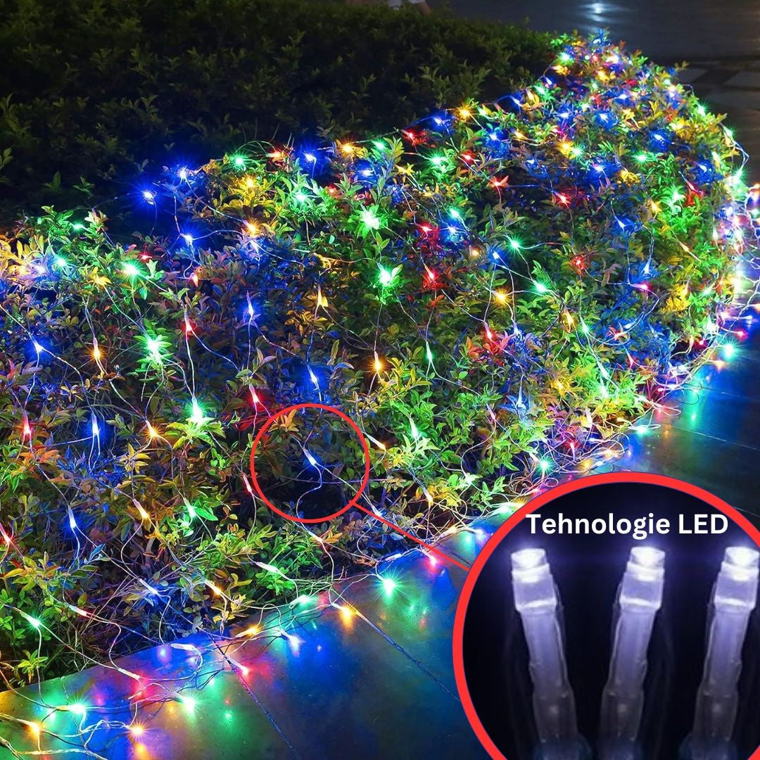 Plasă luminoasă Yoto montată exterior pe gard, rezistentă la intemperii, lumini multicolor