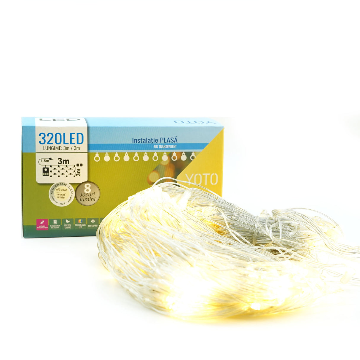 Instalatie Craciun Yoto, Tip Plasa, 3 m x 3 m, 320 LED-uri, Prelungitor 1.5 m, 8 Jocuri de Lumini, Interconectabila, Fir transparent, Interior/Exterior, Alb Cald - vivimall.ro