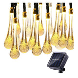 Instalație solară exterior 6 m cu 28 LED-uri ornament picătură de apă, fir negru, lumină alb cald – vedere frontală