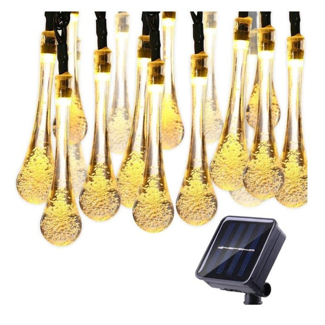 Instalație solară exterior 6 m cu 28 LED-uri ornament picătură de apă, fir negru, lumină alb cald – vedere frontală